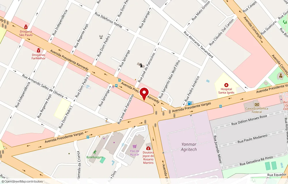 Mapa mostrando a K Parafusos na Avenida Presidente Kennedy, 1621, perto do cruzamento com a Avenida Presidente Vargas, em Indaiatuba
